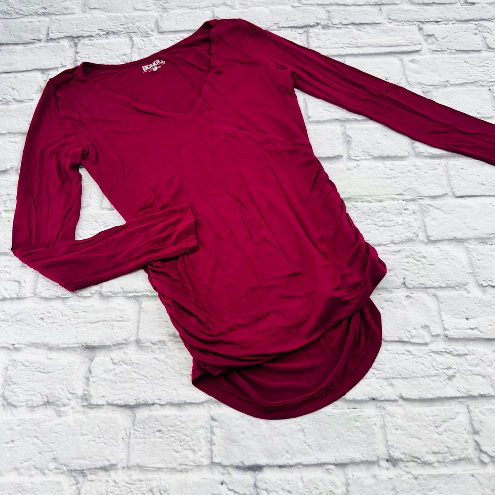 BONGO V Neck Long Sleeve Shirt Raspberry Ruched Side Medium Stretch